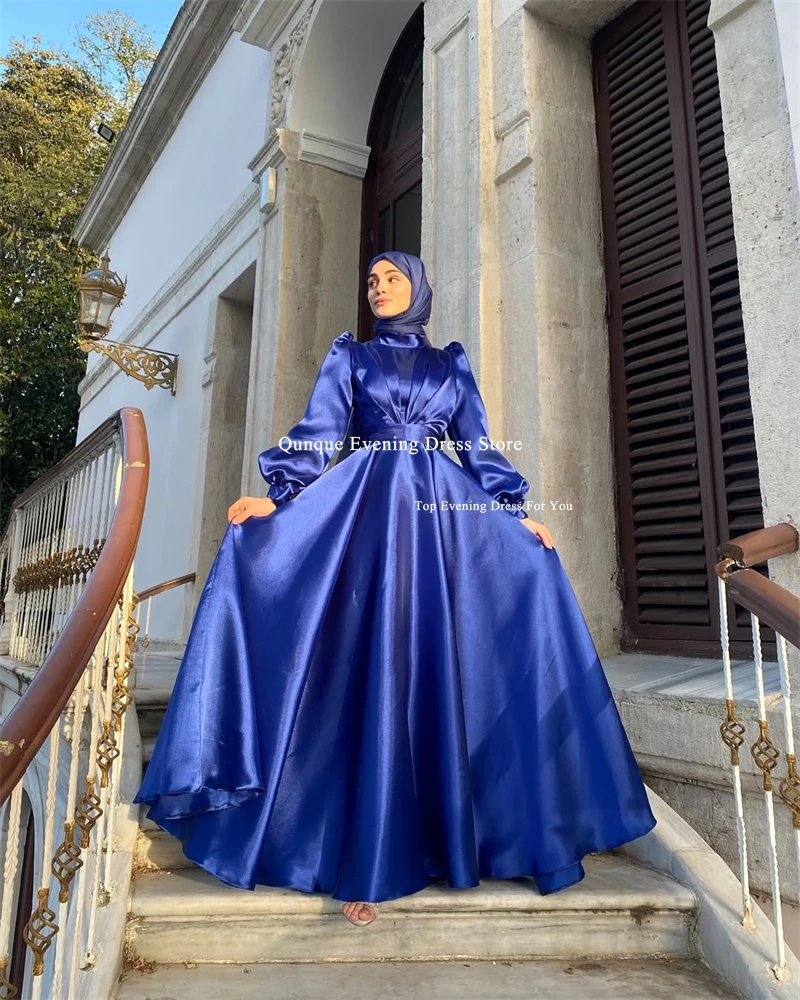 Qunque bleu royal robes de soirée musulmanes col haut a-ligne manches longues bouffantes robe de bal formelle robes de soirée de demoiselle d'honneur personnalisées