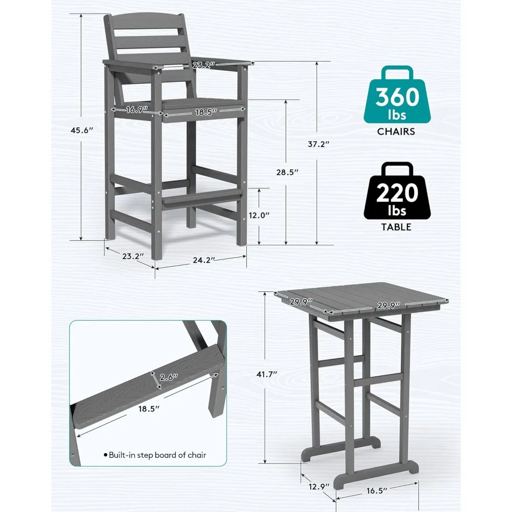 Patio Dining Table Sets 3-Piece, 4Adirondack Bar Height Chairs Set of 2 and Bar Table, Outdoor Bar Stools Set