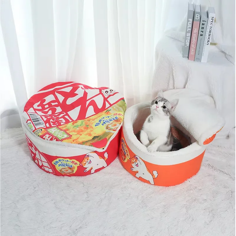 Instant Noodle Box Shaped Cat nest,Enclosed Warm Plush Pet Nest, Japanese Style Plush Pet Nest, Removable Washable Cat House