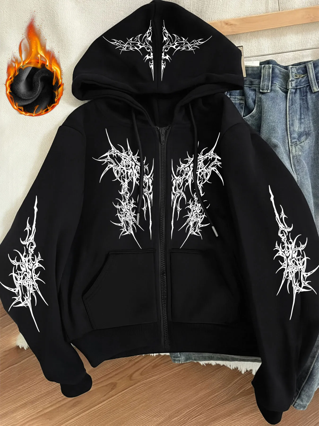 

Winter Y2k Gothic print thick heavy velvet black hooded zipper jacket slim temperament women's jacket casual lazy commuter style