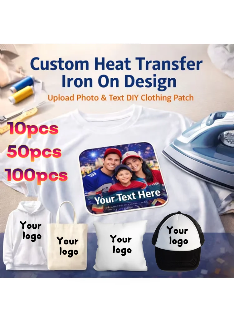 10 pièces 50 pièces Autocollants personnalisés DTF par estampage à chaud et transfert thermique de votre logo et texte, pour vêtements et chapeaux DIY, patchs lavables