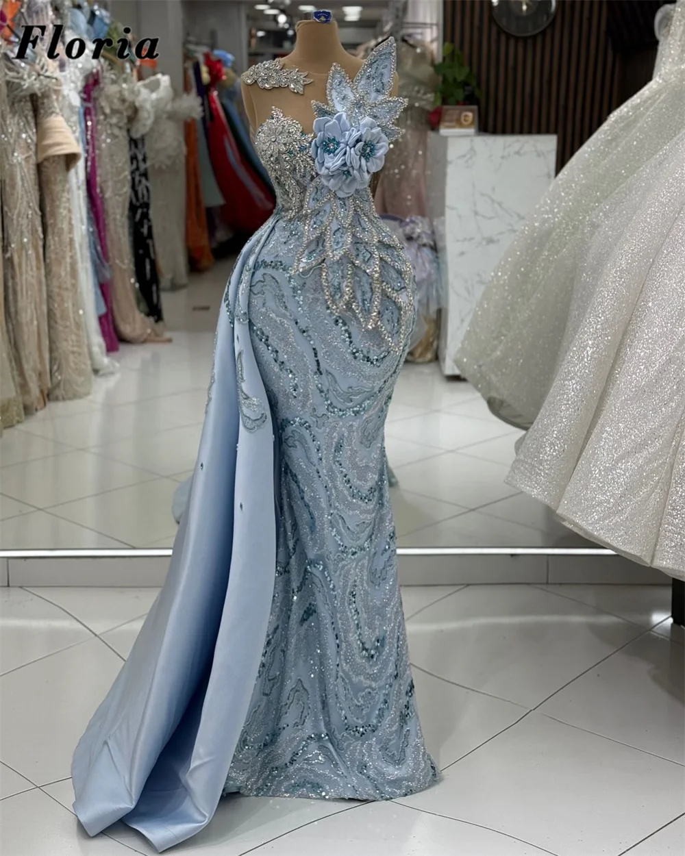 

New Fashion Light Blue Beaded Floral Prom Dresses With Slit Train Aso Ebi Party Gowns For Weddings Customized Evening Dress Robe