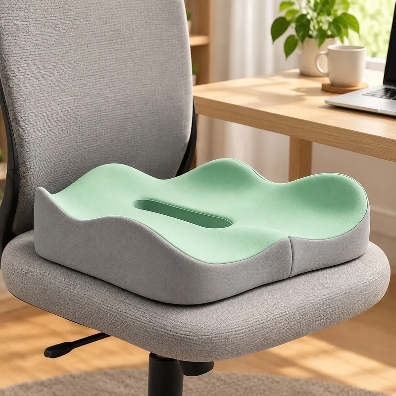 Comfortable 3D Memory Foam Cushion with Removable Polyester Cover for Office and Vehicle Seating, Light Green/Grey