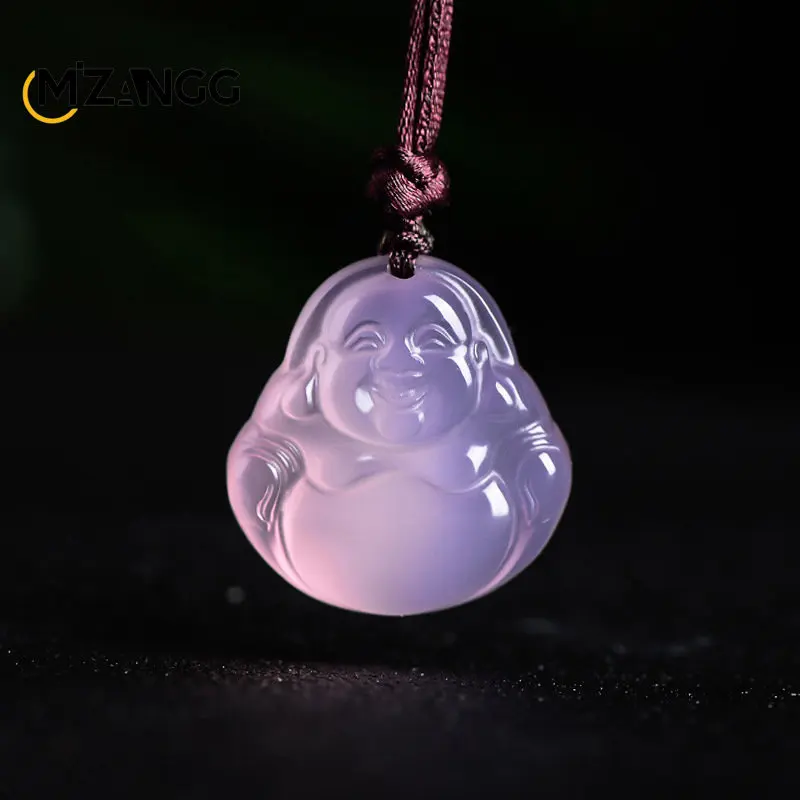 Natural Ice Pink Chalcedony Agate Pendant Peace Buckle Four Seasons Bean Buddha Water Drop Gourd Necklace Gift for Men and Women