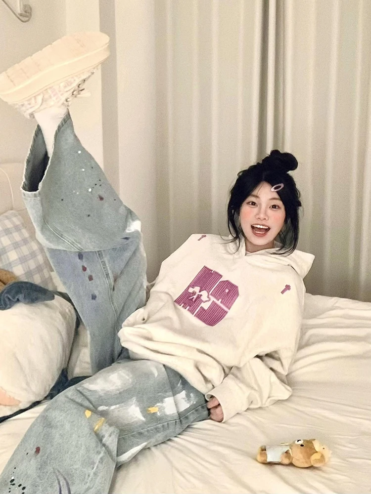 

American Vibe Splatter Denim Jeans Women's High Street Retro Loose Wide Leg Long Trousers Trendy fiti Straight Leg Pants