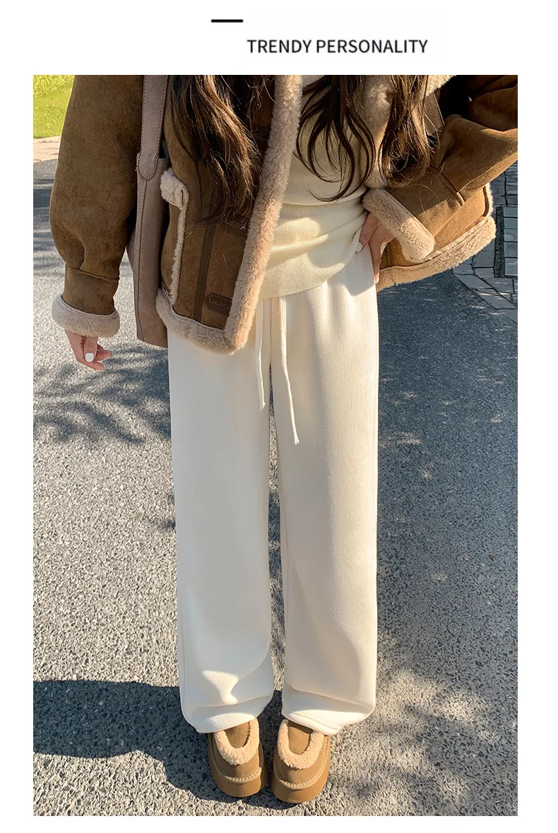 Brązowe spodnie z szerokimi nogawkami, ocieplane polarem, damskie, jesienno-zimowe, z wysokim stanem, drapowane, proste, grube, ciepłe, bawełniane P
