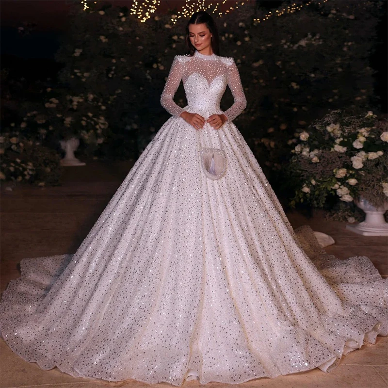 Brilhante chique vestido de casamento grânulo bordado renda com lantejoulas vestido de baile de alta pescoço manga cheia vestido de noiva personalizado novia