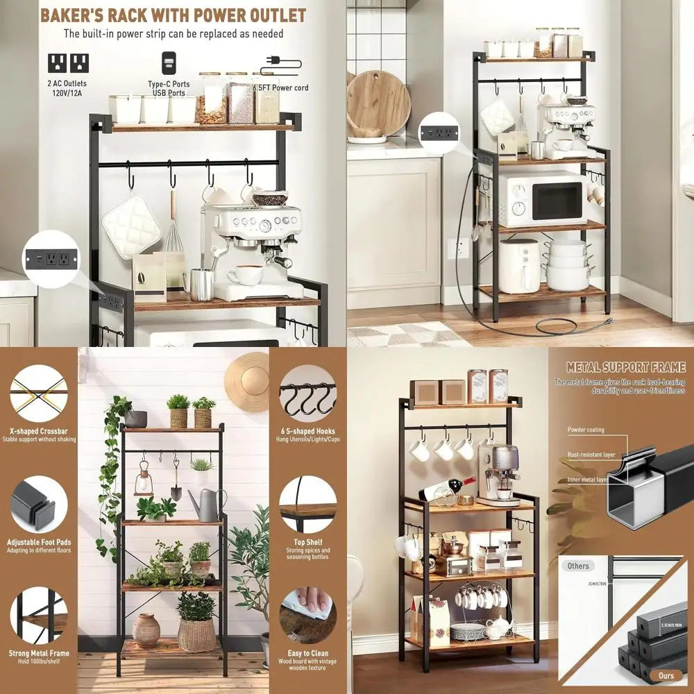 

4-Tier Metal Kitchen Shelving Unit with Power Outlet, Microwave Stand and Wooden Top Coffee Bar Organizer