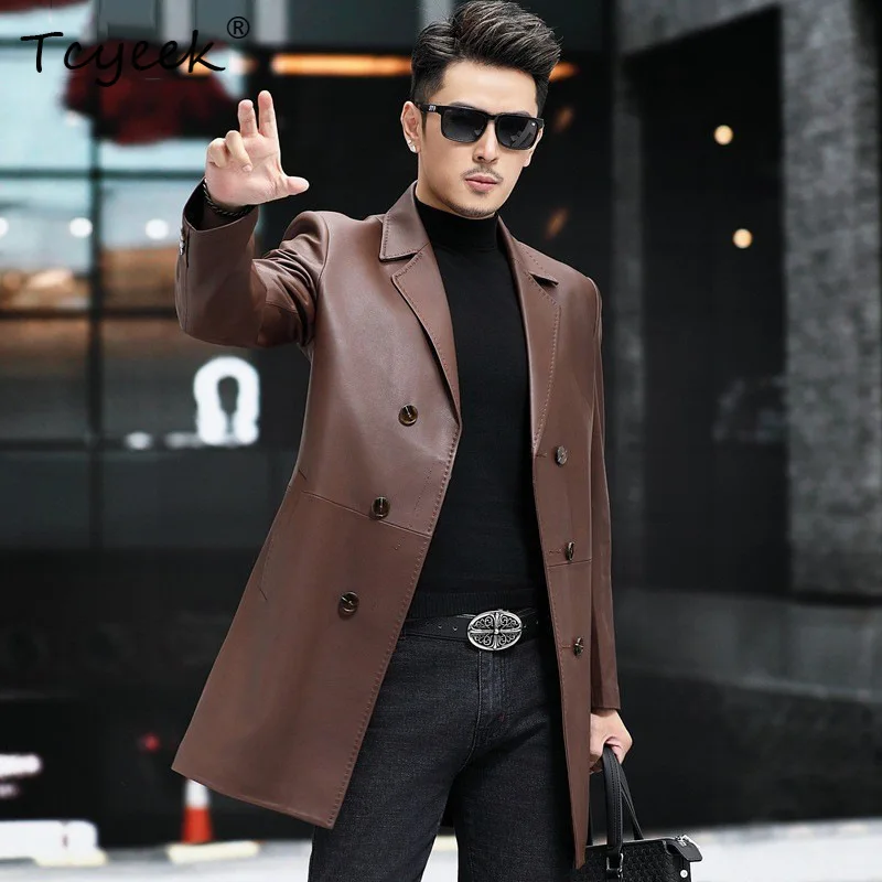 

Tcyeek Real Leather Jacket Men Business Casual Mens Jackets Spring Autumn Clothes Mid-length Sheepskin Coat Trendy Suit Collar