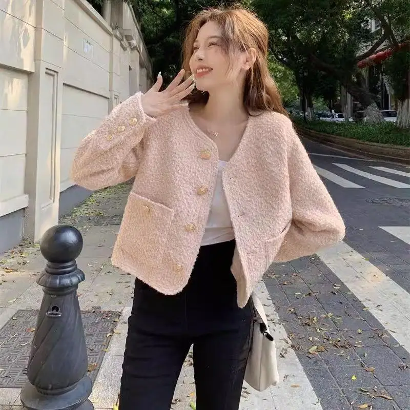 Pink Elegant Long Sleeve O-neck Tweed Short Jckets for Women Autumn Korean Loose Single-breated Crop Tops Coat Ladies Outwear