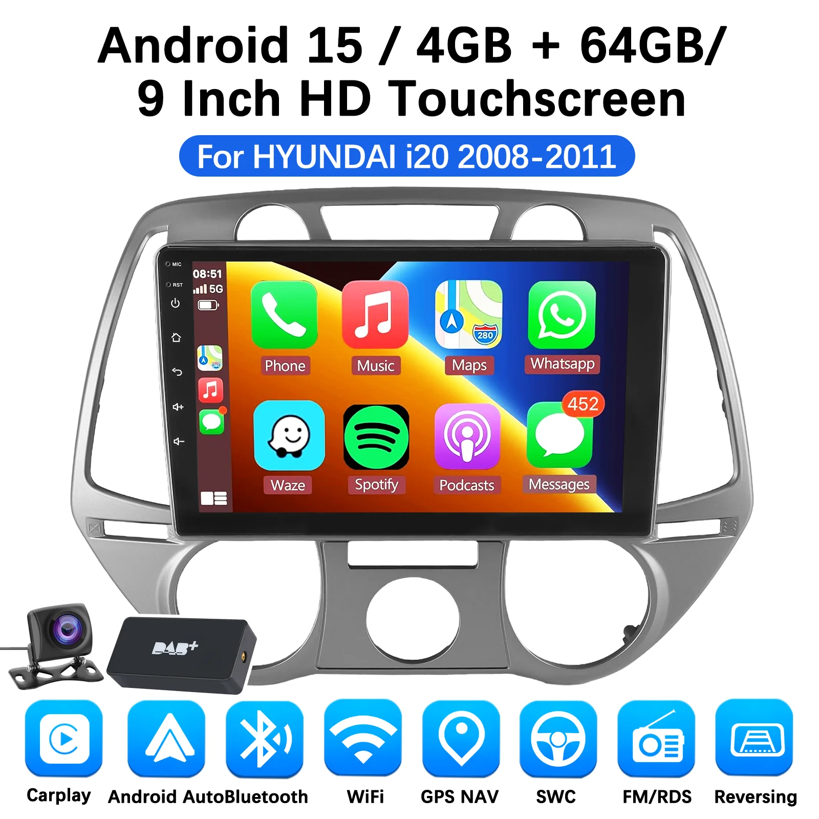 MOPECT Android Draadloze CarPlay Auto Autoradio voor Hyundai I20 2012-2014 Intelligent Systeem WIFI SWC RDS GPS FM/AM BT DAB+