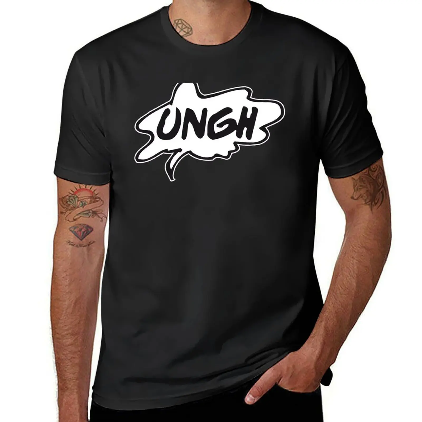 Camiseta Ungh Comic Sound masculina, negros em branco, moda coreana