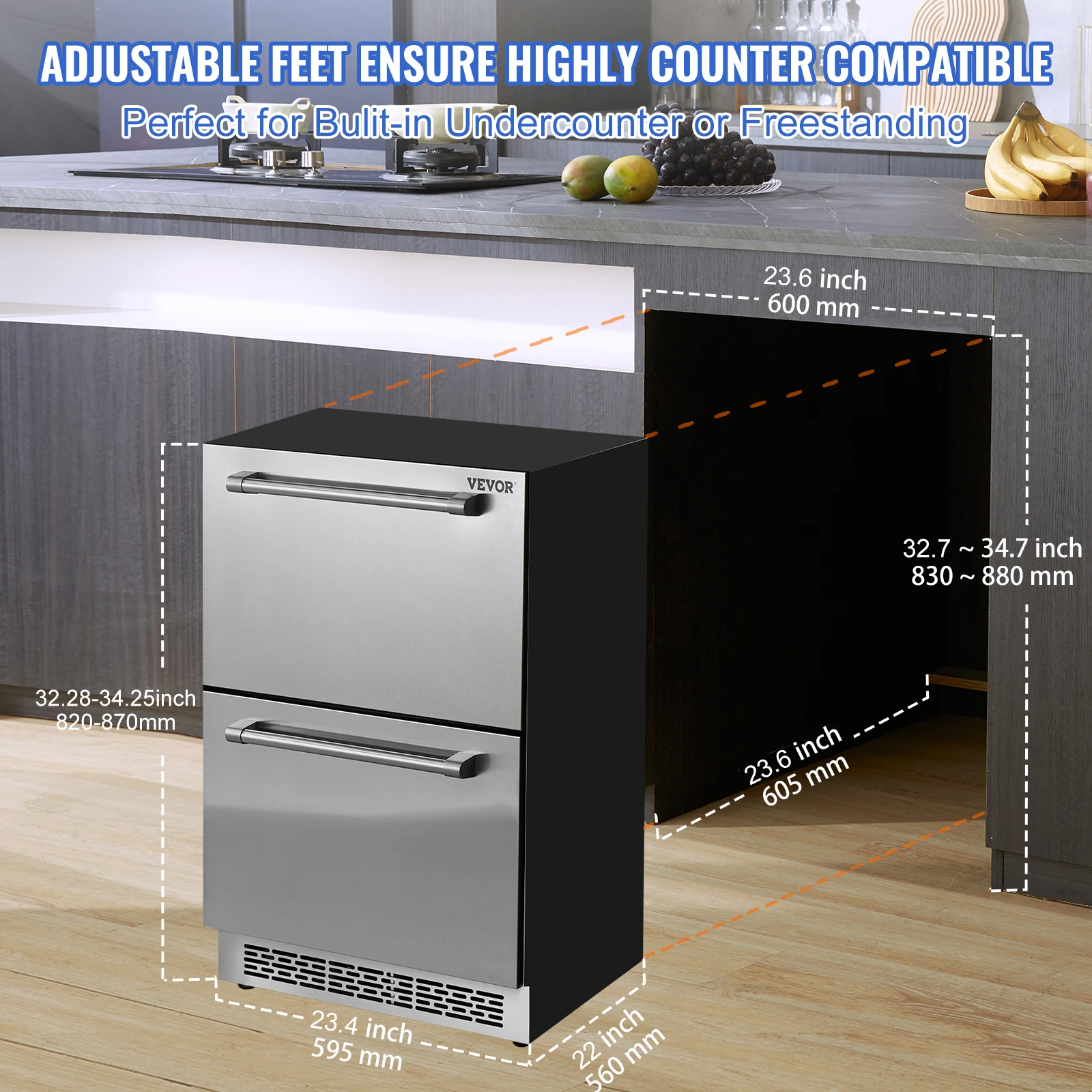 VEVOR-refrigerador do undercounter com painel de toque, bebida incorporado, 2 gavetas, 5,12 Cu.ft., 24 "capacidade capacidade capacidade