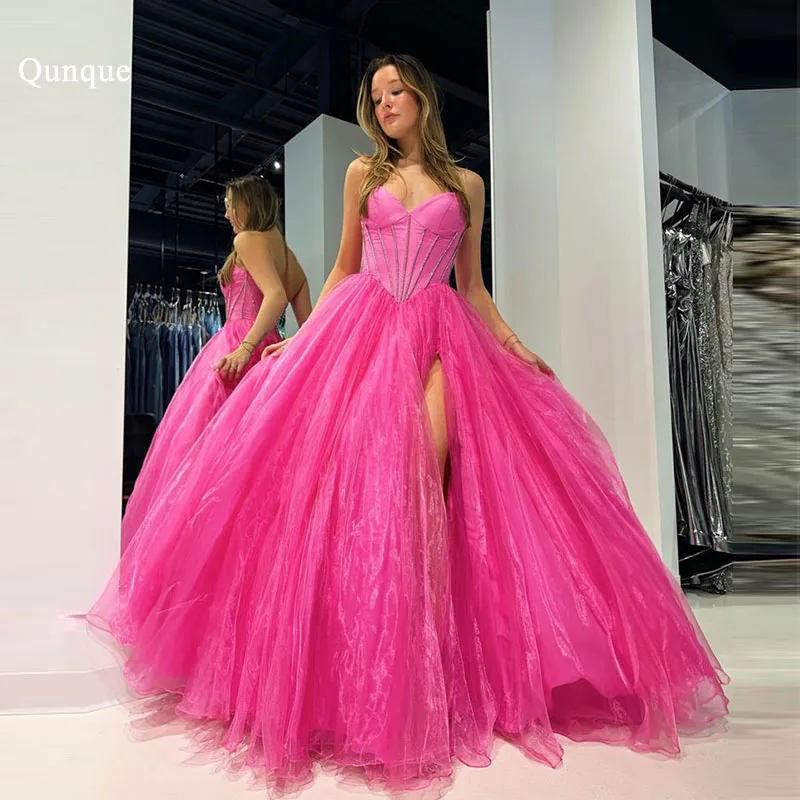 

Qunque Tulle Fuchsia Customized Sweetheart Evening Dresses A-Line Celebrity Gowns Wedding Party Dress High Slit вечерние платья