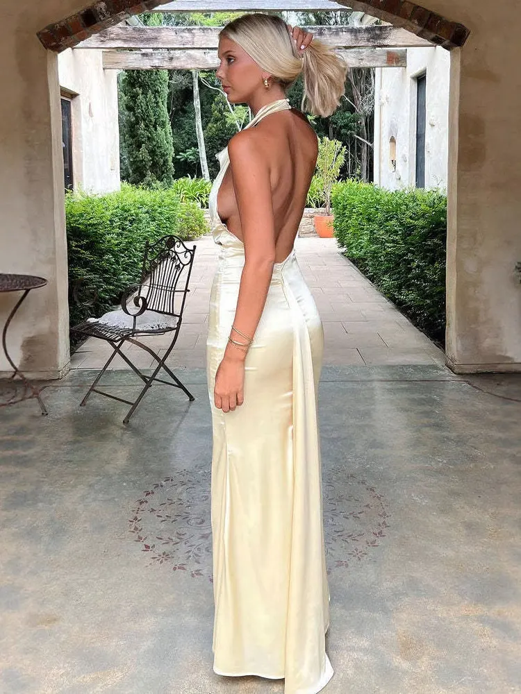 GACVGA Satin Swing Collar Sexy Bodycon Long Dress Women Halter Slim Backless Elegant Prom Club Party Maxi Dress Vestido