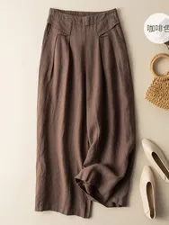 Women Casual Wide Leg Pants New 2023 Summer Vintage Style Solid Color Loose Comfortable Female Cotton Linen Trousers B2607