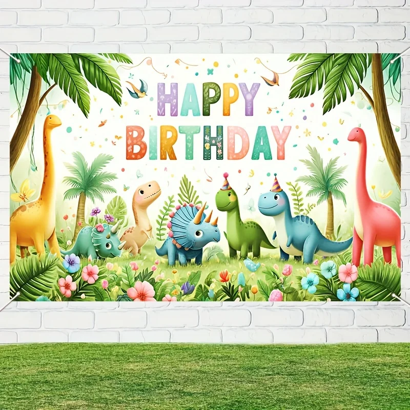 Cartoon Dinosaur Polyester Photo Backdrop Banner - Vibrant Happy Birthday Decorations for Indoor Outdoor Events, Parties