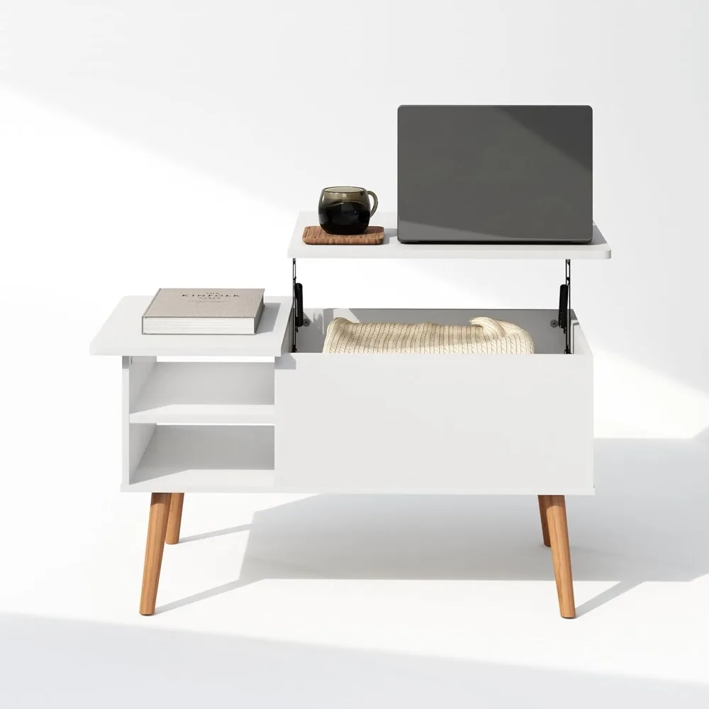 Jensen salontafel met houten poten en hefblad met verborgen compartiment en zijopen opbergplank voor woonkamer, effen wit