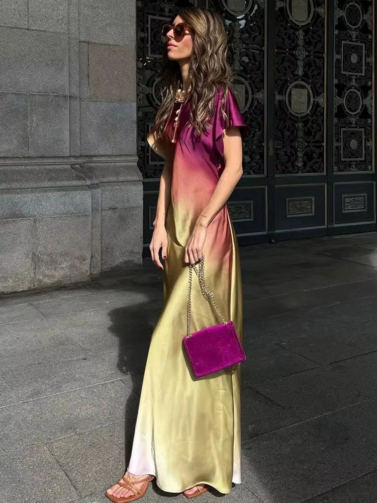 HH レディースファッションプリント半袖ドレスヴィンテージタイダイ O ネックミディドレス春女性カジュアルシックサテンドレス