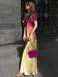 HH Women's Fashion Print Short Sleeve Dress Vintage Tie Dye O-Neck Midi Dresses Spring Female Casual Chic Satin Dress