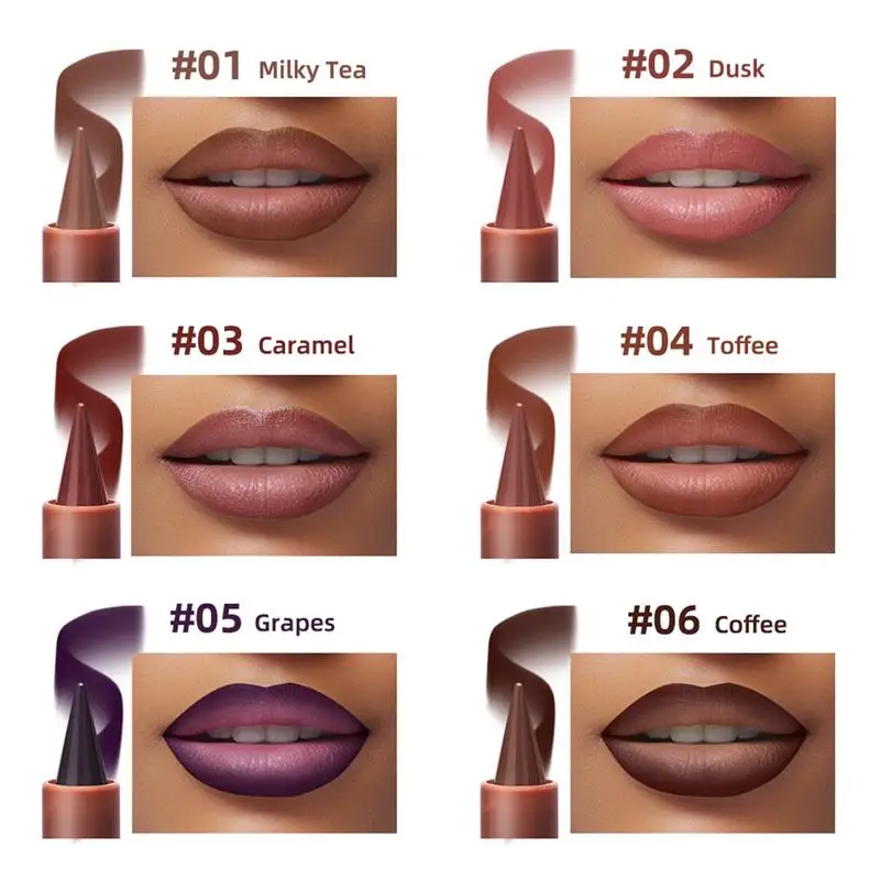 Puntige Lip Liner Slanke Lip Potlood Naakt Bruin Lip Liner Potlood Lippenstift Matte Gladde Lipliner Rood Bruin Fluwelen Lippenstift 6 kleuren