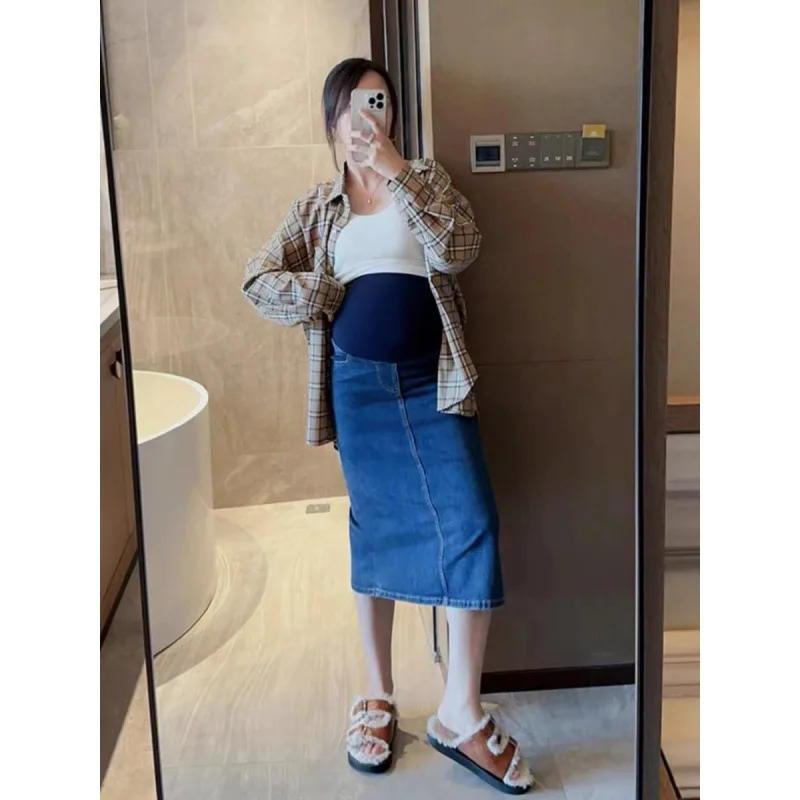 Rok Denim ibu hamil modis rok ibu hamil model A-Line wanita hamil belahan pinggang tinggi rok pensil kehamilan Panjang setumit antik