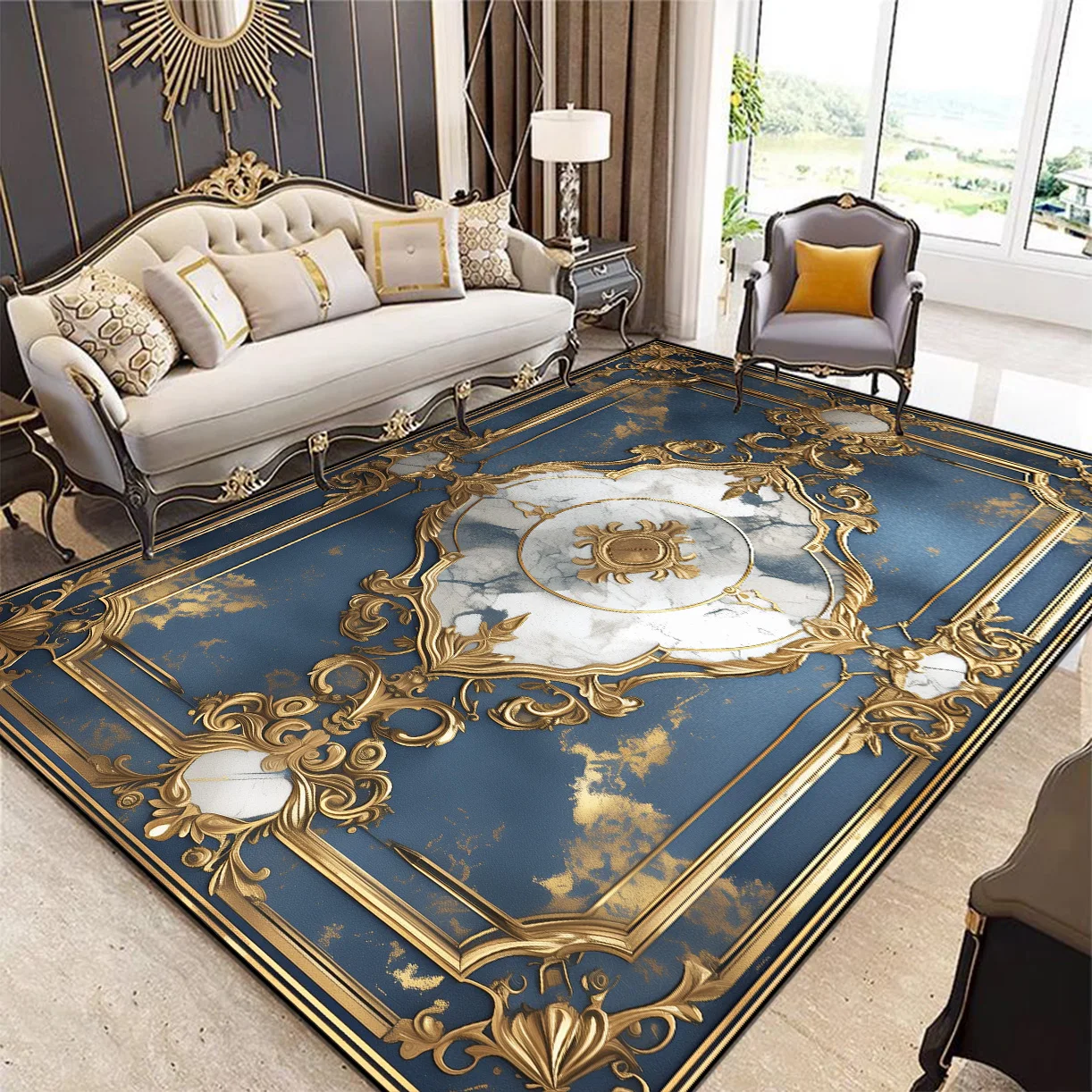 Luxury European Decorative Rug for Living Room Blue Inlaid with Gold Big Size Parlor Carpet Non-slip Washable Bedroom Decor Mat