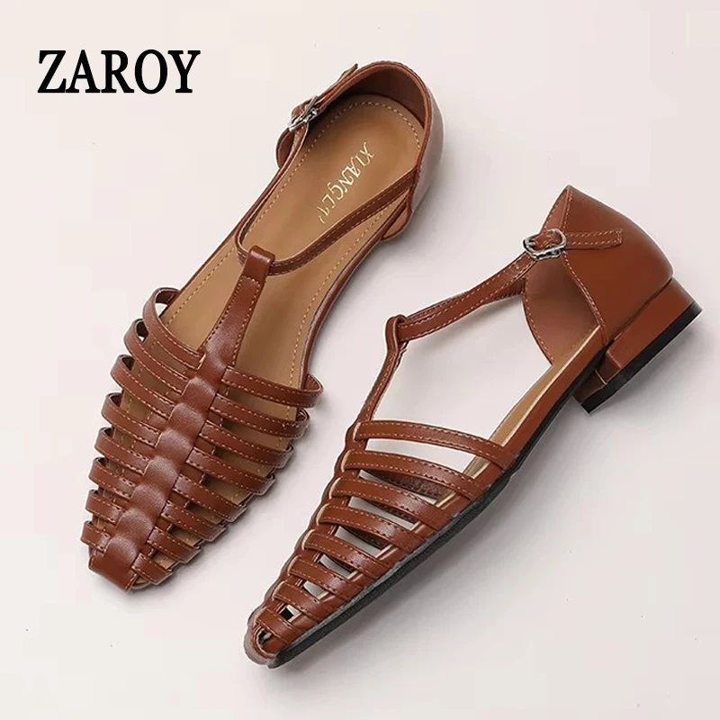 ZAROY Women's Sandals Summer Hollow Woven Roman Shoes Casual Gladiator Shoes T-Strap Plus Size 44 Flats Sandalia Zapatos сан
