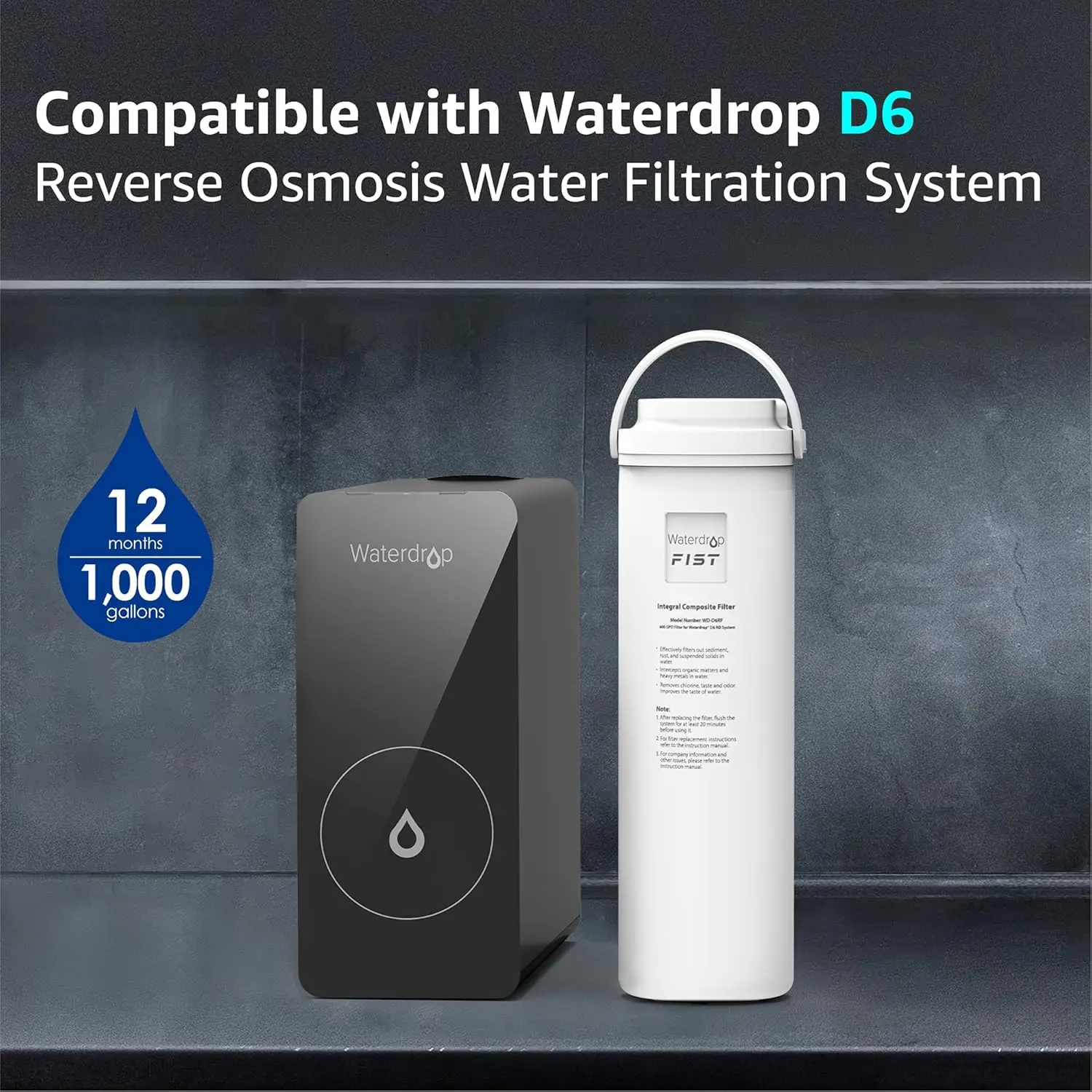 Waterdrop WD-D6RF Filter, Replacement for WD-D6-B Tankless Reverse Osmosis System, 1-Year Lifetime, Reduce PFAS