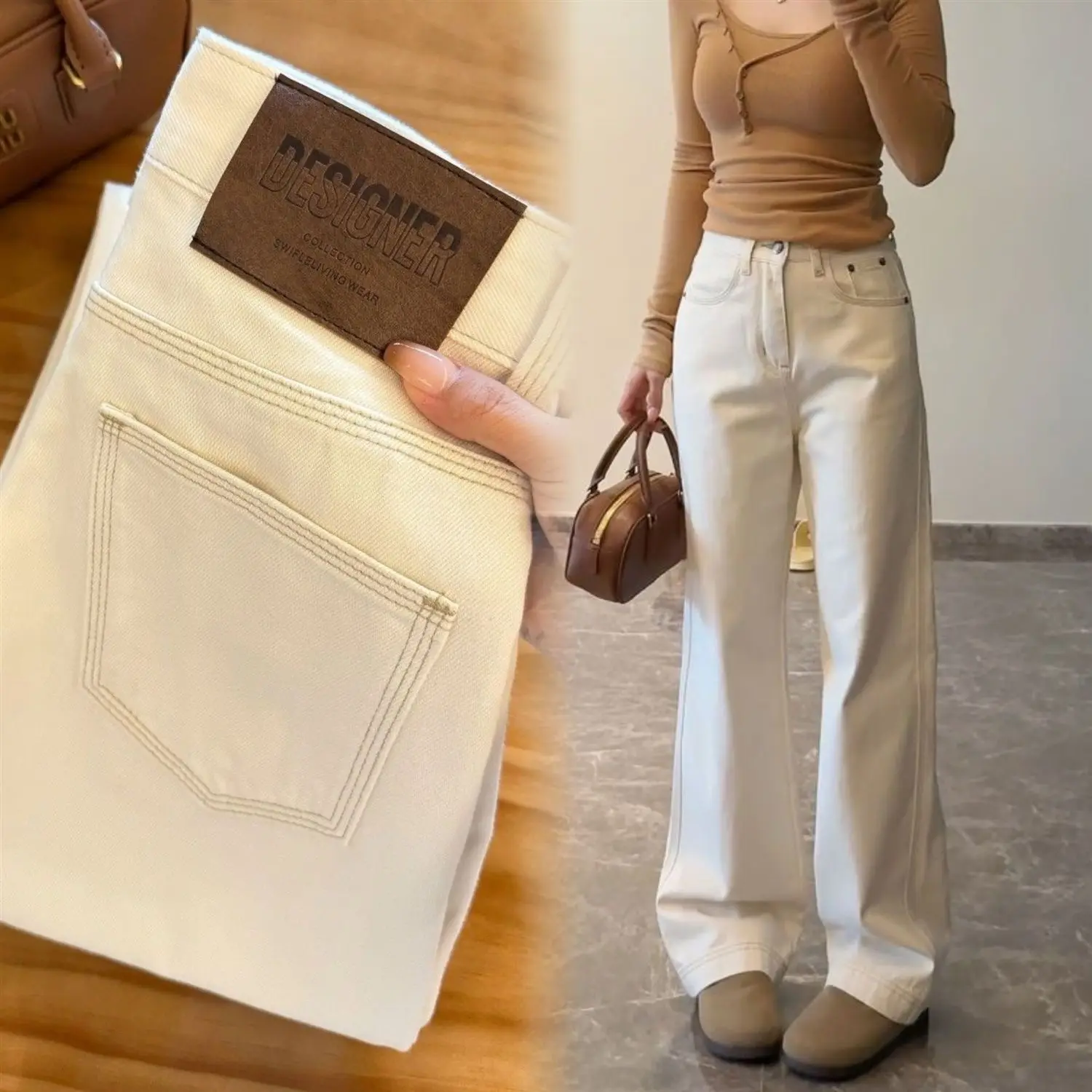 

Soft off-white pants, new style women's jeans, loose-fitting, slimming, high-waisted, narrow straight-leg wide-leg pants