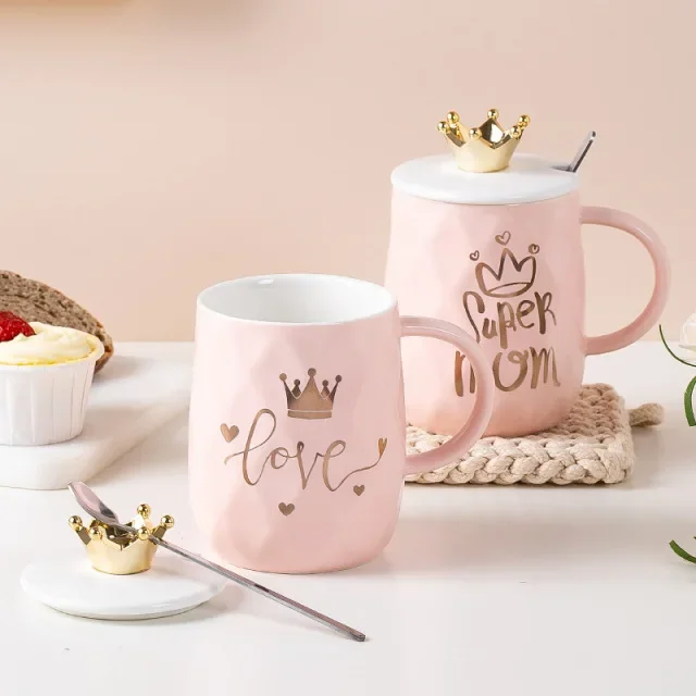 Queen Crown Mark Cup Mug With Crown 400-500ML Lid and Spoon Ceramic Coffee Cup Gift for Girlfriend Wife Birthday Ceramic Cups