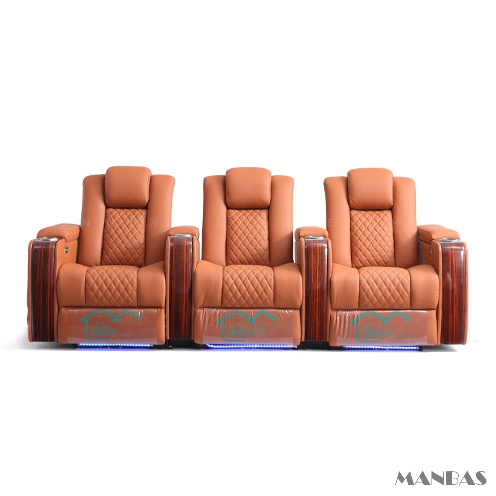 مقاعد مسرح منزلي فاخرة بمحركات مزدوجة - كراسي استرخاء من الجلد الطبيعي قابلة للتعديل مع حامل أكواب وتدليك