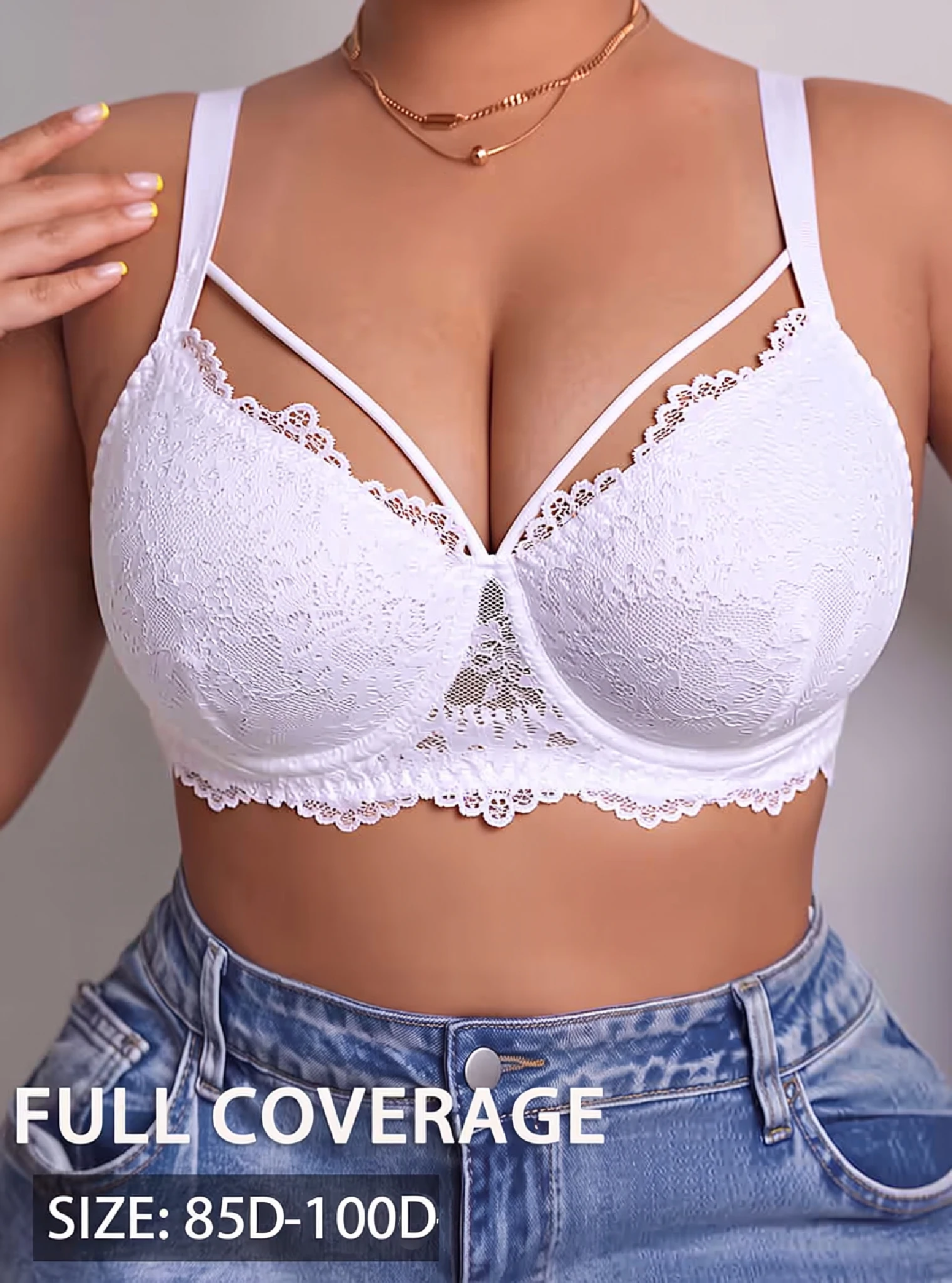 Plus Size Women Sexy White Lace Full Coverage Wireless Bra Support Comfortable Daily Wear