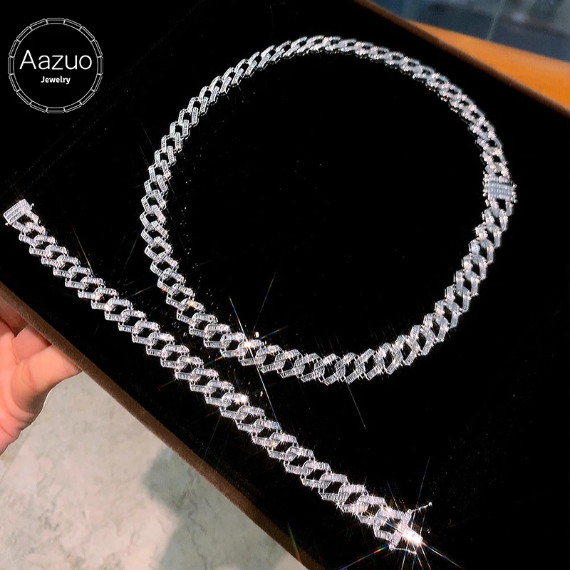 Aazuo 18K White Gold Yellow Gold Real Diamonds Luxury Cuban Chain Necklace For Woman Senior Party Charm Jewelry Gift Real Gold