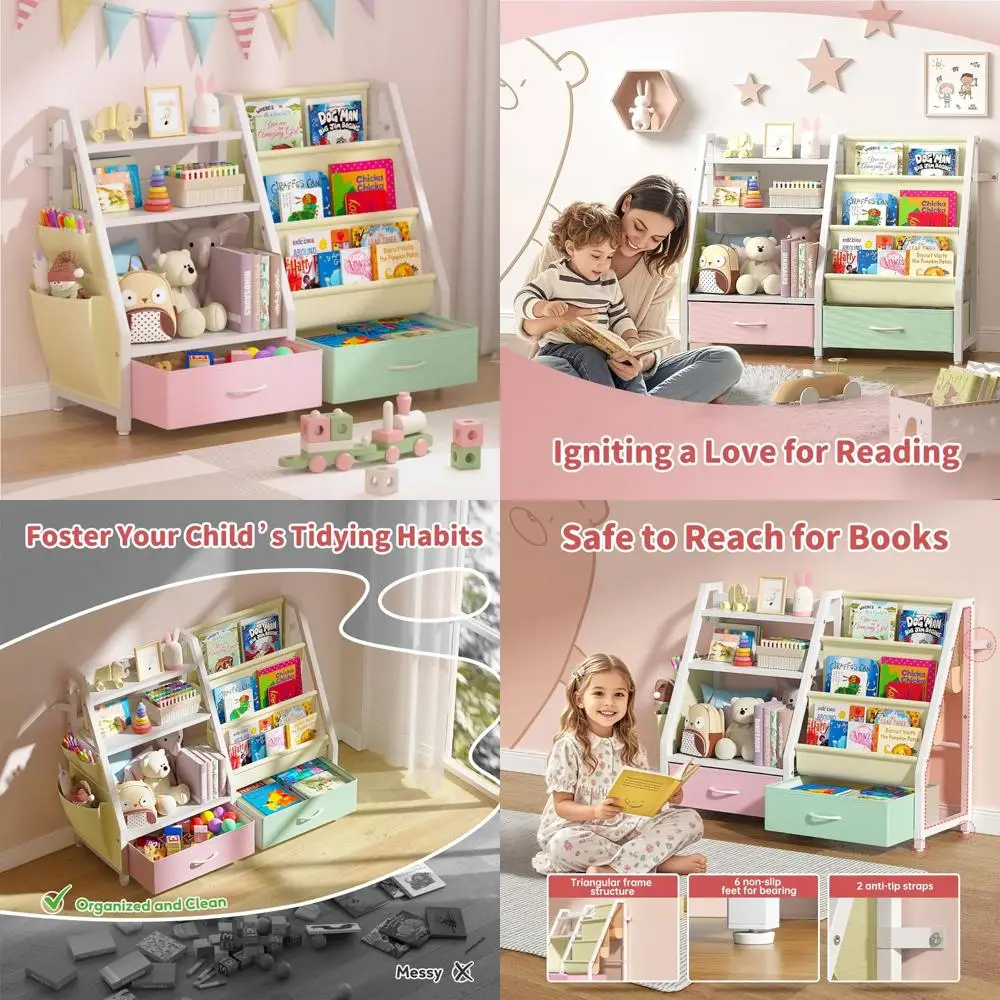 رف كتب وقوي للأطفال الصغار من مونتيسوري مكون من 3 طبقات ومنظم ألعاب مع أرفف كتب وصناديق تخزين
