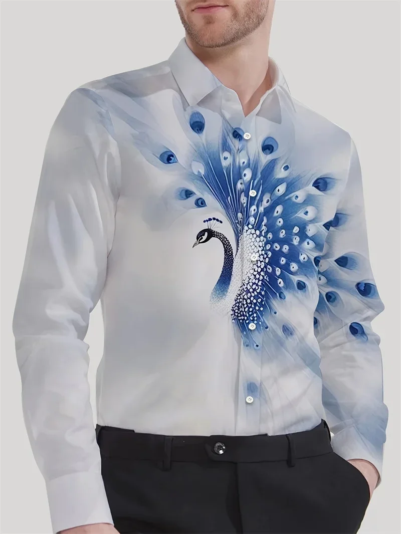 

New Light Print Peacock Pattern Hawaiian Shirt Men's Fun Animal 3D Printed Casual Shirt Long Sleeve Collar Button Outdoor Top
