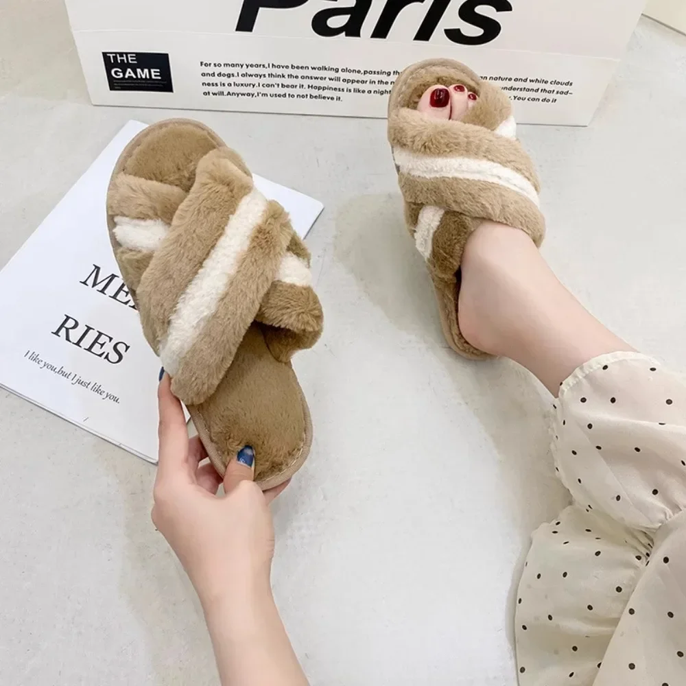 Color blocking cross furry slippers for women's winter leisure warmth indoor plush flat floor mop with exposed toe cotton mop