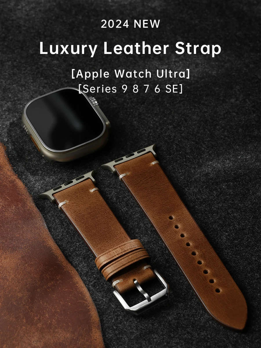 Luxury Leather Watch Strap for Apple Watch, Ultra 49mm, Series 10, 9, 8, 7, 6, SE, 45mm, 44mm, 41mm, 40mm, Leather Watch Band