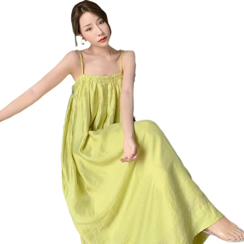 2025 Avocado Green Vacation Style Pleated Flat Mouth Double Thin Suspender Loose Fit Dress for Beach Vacation Long Skirt