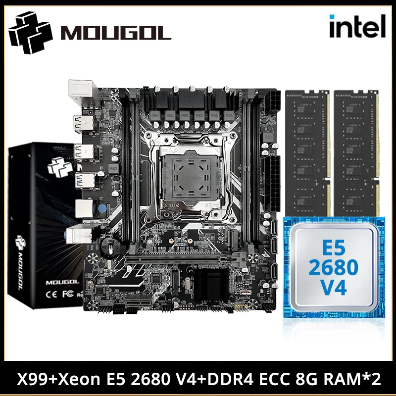 MOUGOL X99 Gaming Motherboard Set with Intel Xeon E5 2680 V4 & DDR4 8Gx2 2133MHz Dual Channel ECC RAM M.2 NVME for Desktop PC