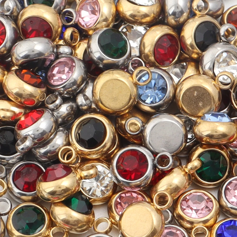 10Pcs Mini Birthstone Charms Stainless Steel Round Rhinestone Crystal Pendant for Jewelry Making DIY Necklace Bracelet Findings