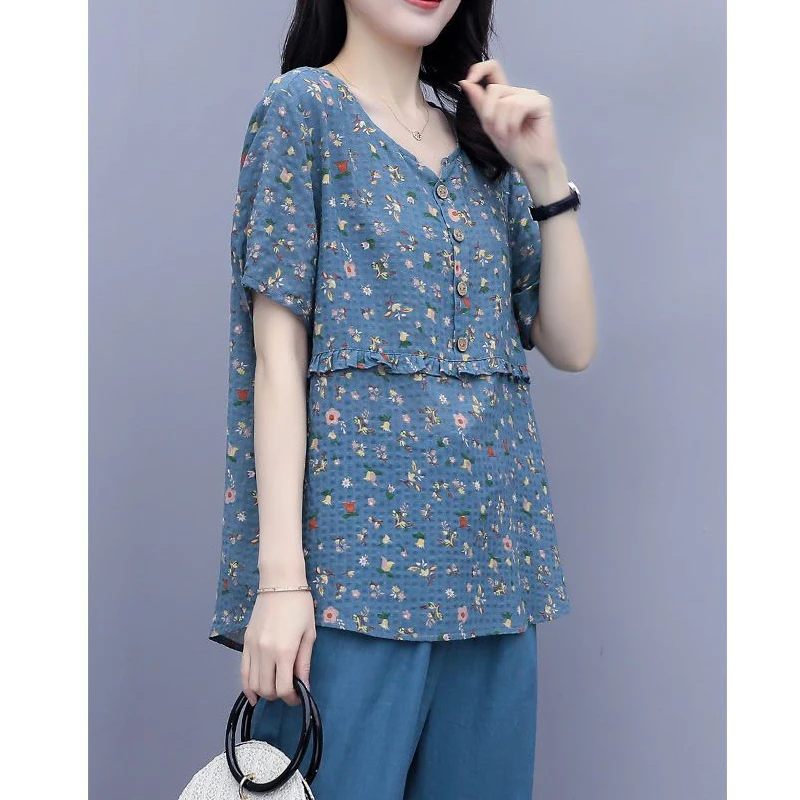 Women Ruffle Floral Print Retro Cotton Linen Blouses Summer Korean Fashion O Neck Short Sleeve Shirts Casual Loose Y2K Tops Ropa