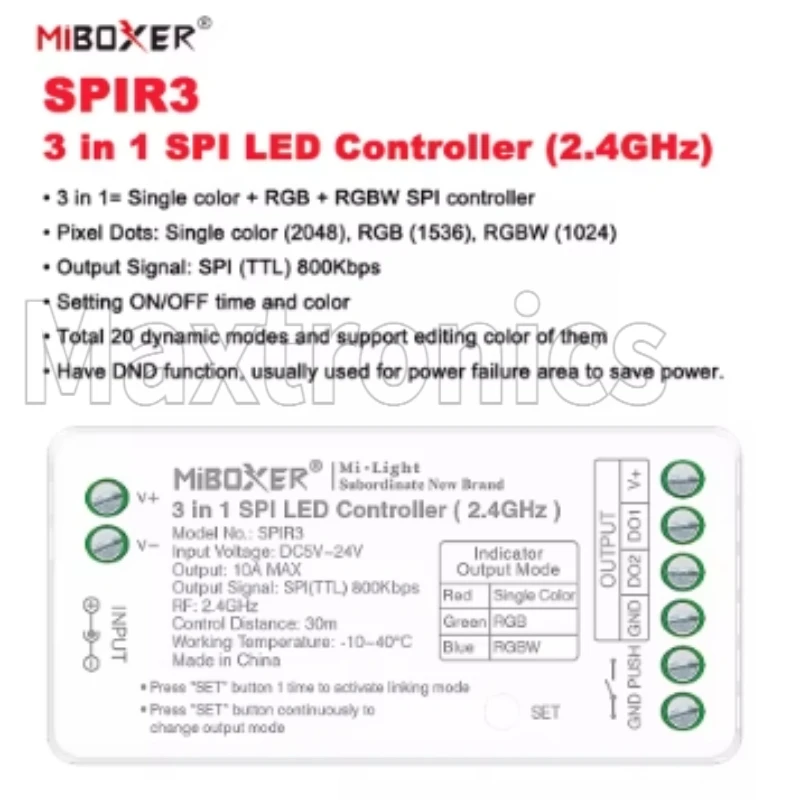MiBoxer 3w1 Kontroler LED SPI SPIR3/SPIR3-M/C6/B6 DC5/12/24V do Taśm LED WS2812 z Pilotem RF SPI Jednokolorowy+RGB+RGBW