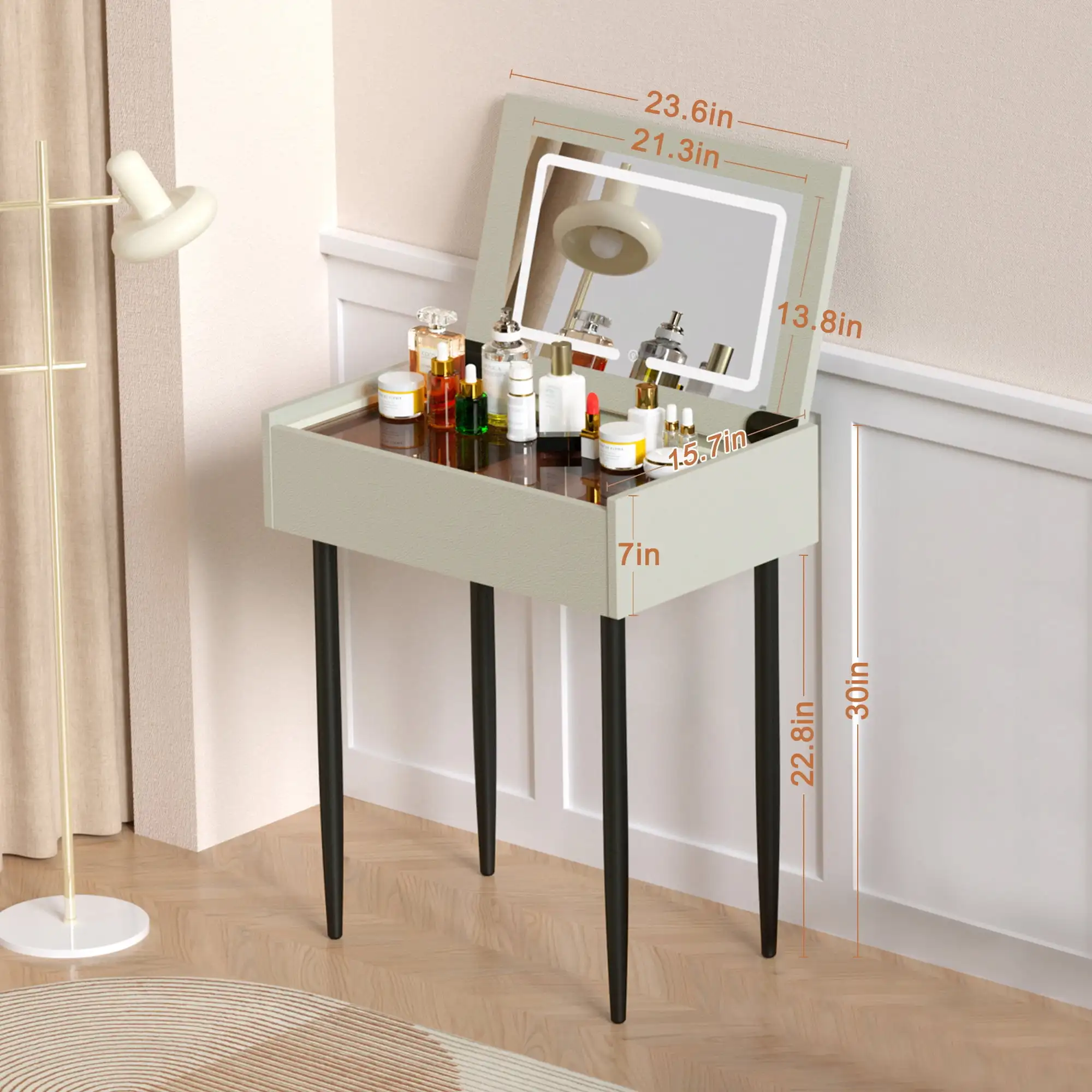 

Vanity Desk with Mirror and Lights, Flip Top Lighted Mirror Makeup Table with Drawer, White Vanity Desk Compact