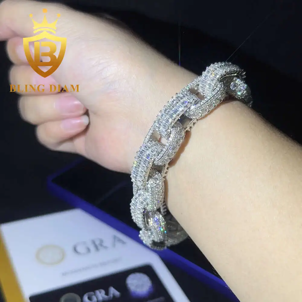 Luxury Pass Diamond Tester 14.5mm Hip Hop Jewelry 925 Silver Moissanite Cubana Bracelet Luxury Baguette Cut Cuban Link Bracelet