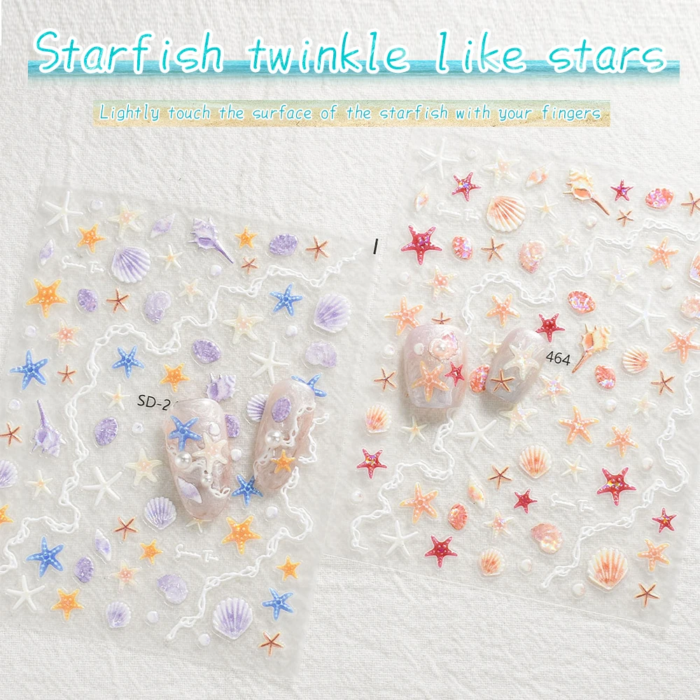 5D Sommer Muschel Nagel Aufkleber Glänzend Geprägte Seestern Muschel DIY Maniküre Aufkleber für Gel Polnisch Cat Eye Nail art Dekor