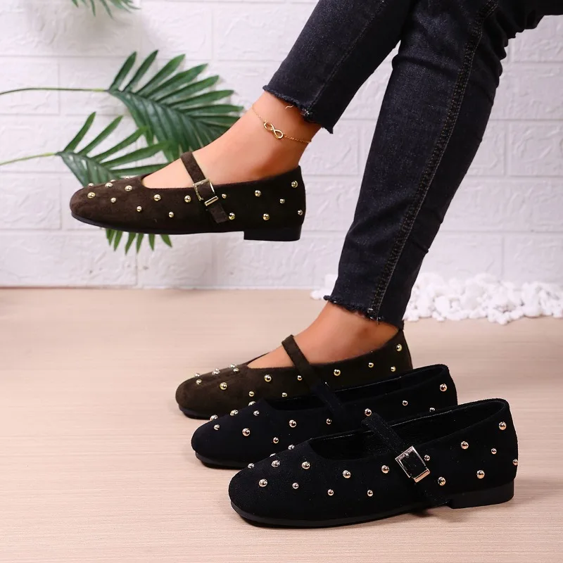 موضة لينة وحيد مشبك واحد حزام حذا فردي للسيدات 2025 جديد خمر حجر الراين جولة تو شقة ماري جين الأحذية