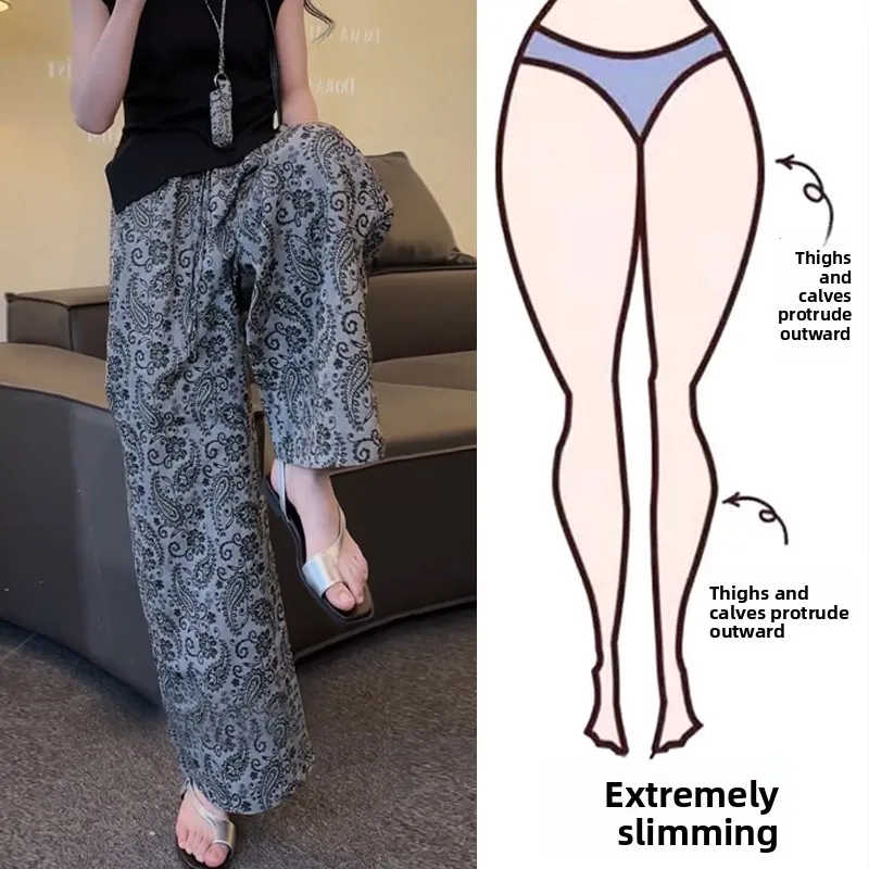 

Summer New Retro Print Casual Pants Women plus Size 200 Pounds Slimming Fashionable Straight Wide Leg Pants
