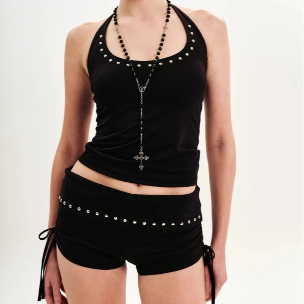 

Летний новый летний жилет в европейском и американском стиле на шнуровке с лямкой на шее, тонкий жилет с горячим сверлением, шорты на шнурке, костюм для женщин в стиле INS