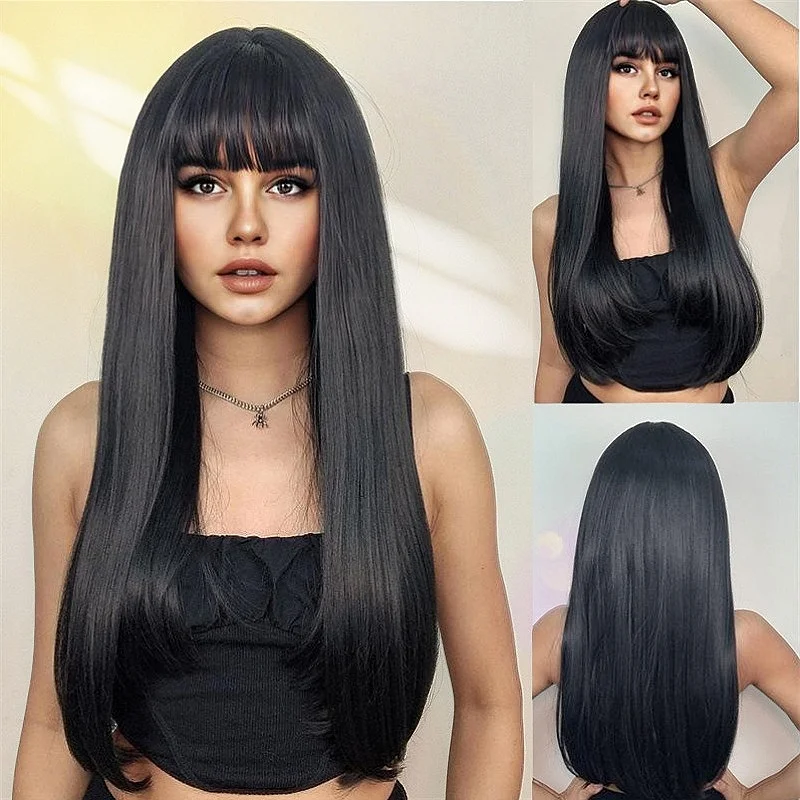 Long Straight Hair with Bangs Heat Resistant Fiber Can Be Dyed and Permed Classy Behavior Full Head Covering of Chemical Fiber